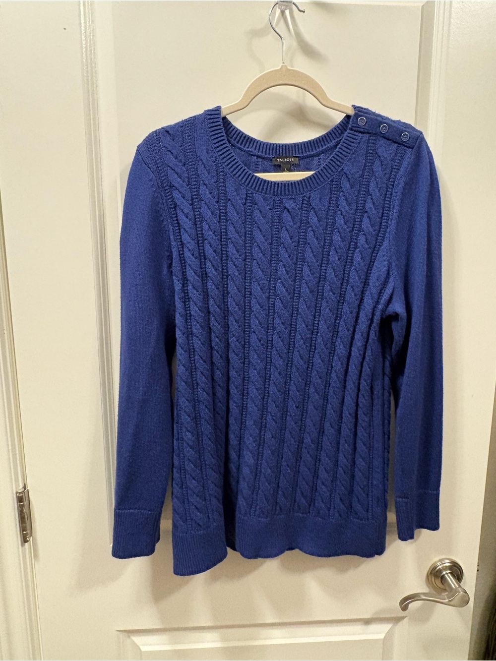 Talbots Royal Blue Cable-Knit Crewneck Sweater with Shoulder Buttons